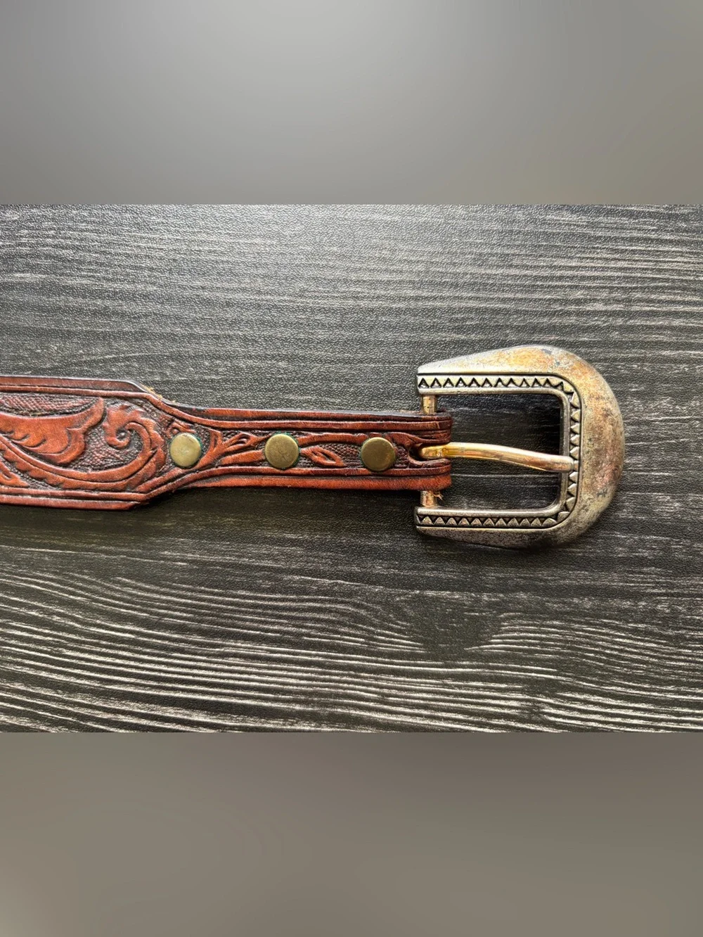 Hand-Tooled Brown Leather Women's Belt with Patina Buckle. SKU 26